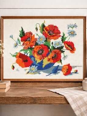 Vintage Framed Needlepoint of Poppy Flowers, Original Floral Art for Wall Decor